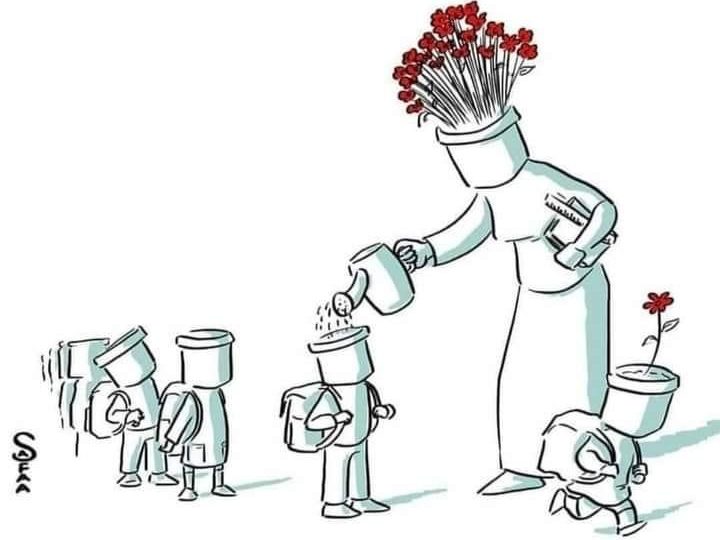 Une enseignante représentée par un pot riche de fleurs, arrose des enfants représentés par des pots contenant une fleur qui demande à germer
